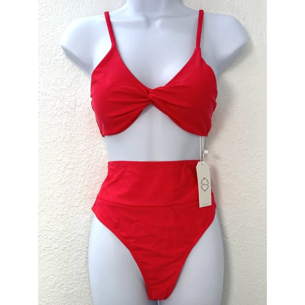 LILLUSORY Womens SMALL Neon Pink Bandeau Twist High Waist Cheeky BIKINI Swimsuit
